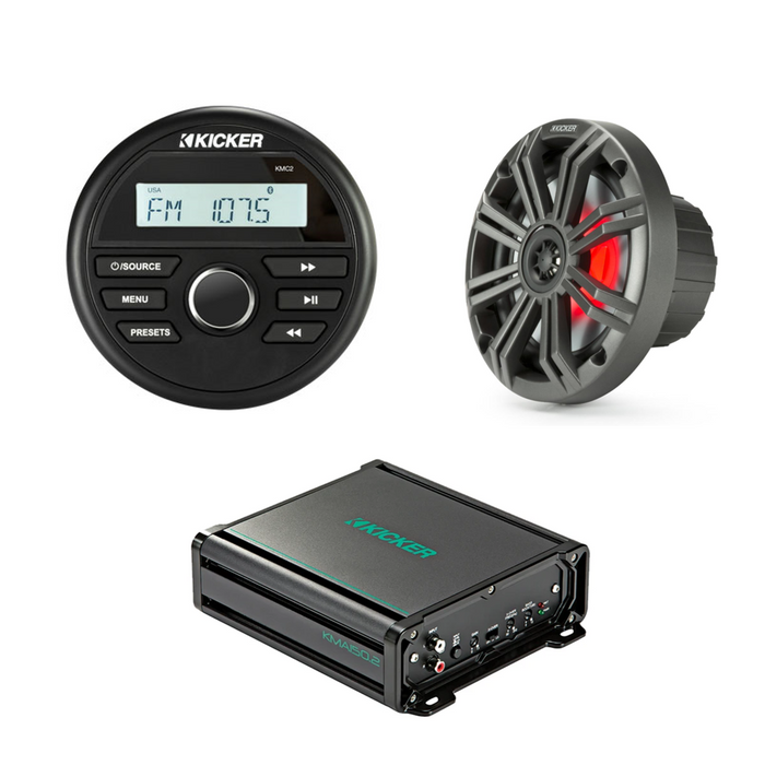 Kicker System KMS4 med KM 6,5" Co-axial Speakers (LED), Marine Media Center & 150W Amplifier